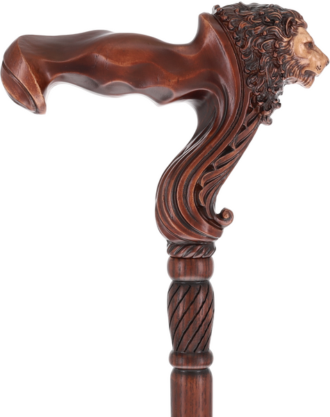 Lion Head: Artisan Intricate Handcarved Wood Cane (Right Hand)