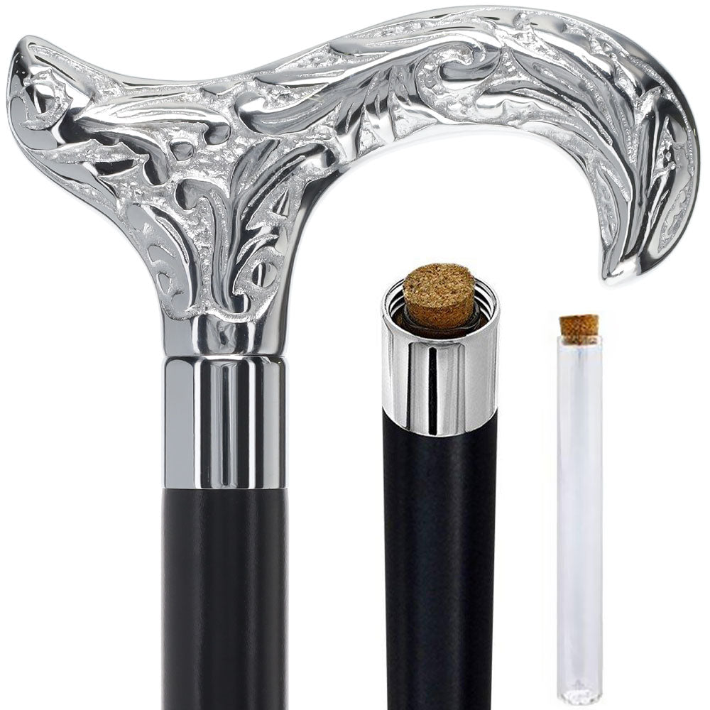 Classic Chrome Derby Handle Walking Flask Cane with Wooden Shaft