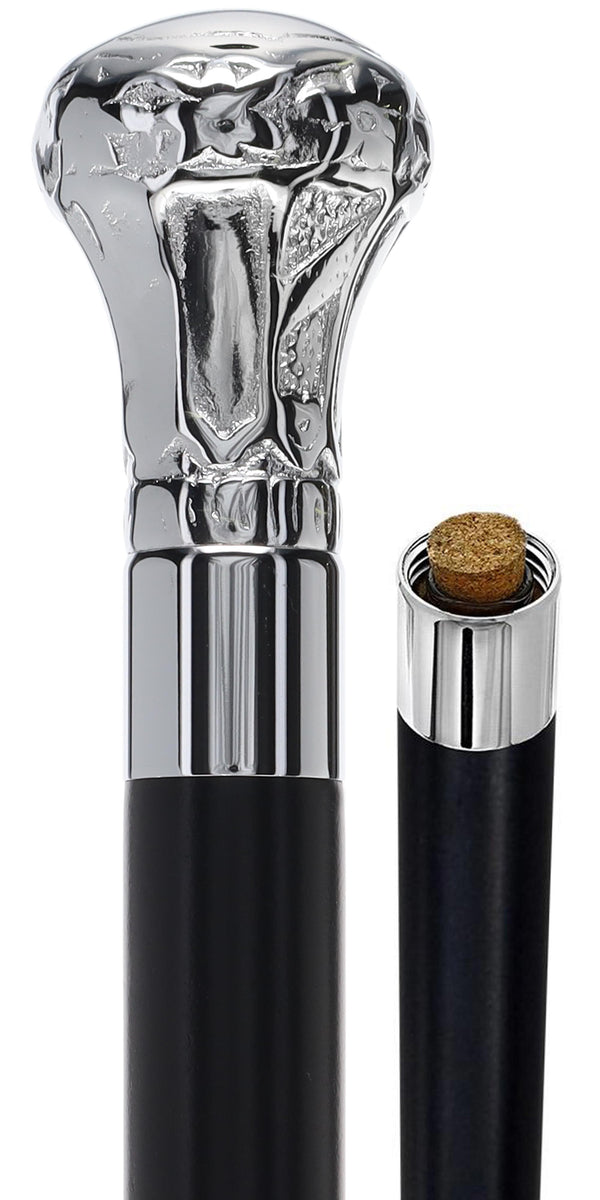 Unique Chrome Knob Handle Walking Flask Cane with Wooden Shaft