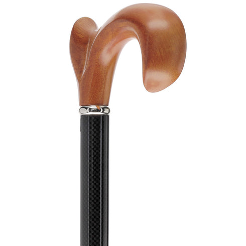 Cherry Maple Ergonomic Cane: Carbon Fiber Shaft, Silver Collar