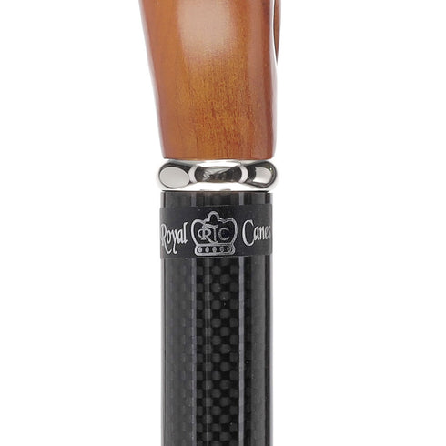 Cherry Maple Ergonomic Cane: Carbon Fiber Shaft, Silver Collar