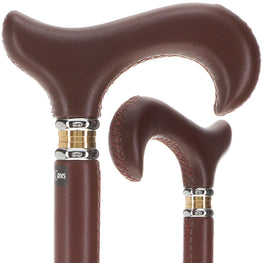 Soft Genuine Leather Grip Brown Cane: Leather on Shaft & Handle