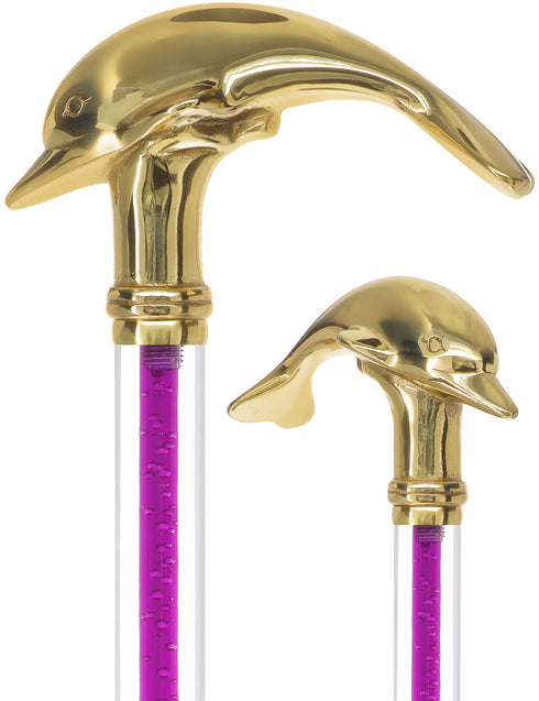 Color Crystal Elegance Brass Dolphin Cane with Invisible Acrylic Shaft Options