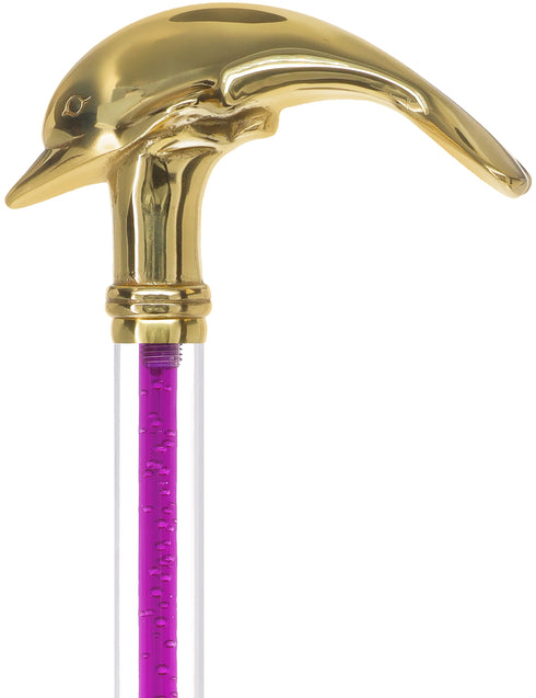 Color Crystal Elegance Brass Dolphin Cane with Invisible Acrylic Shaft Options