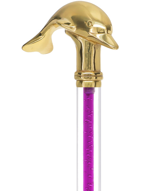 Color Crystal Elegance Brass Dolphin Cane with Invisible Acrylic Shaft Options