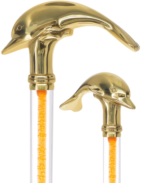 Color Crystal Elegance Brass Dolphin Cane with Invisible Acrylic Shaft Options
