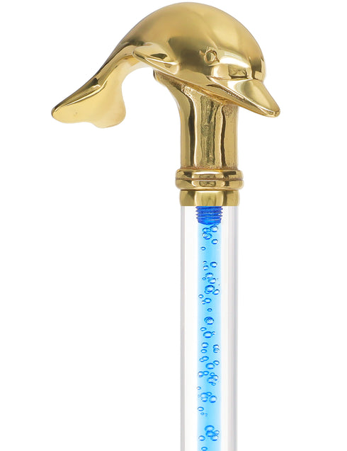 Color Crystal Elegance Brass Dolphin Cane with Invisible Acrylic Shaft Options
