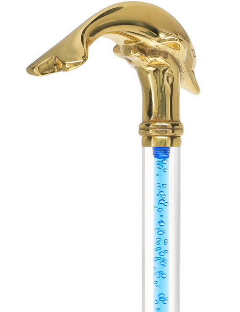 Color Crystal Elegance Brass Dolphin Cane with Invisible Acrylic Shaft Options