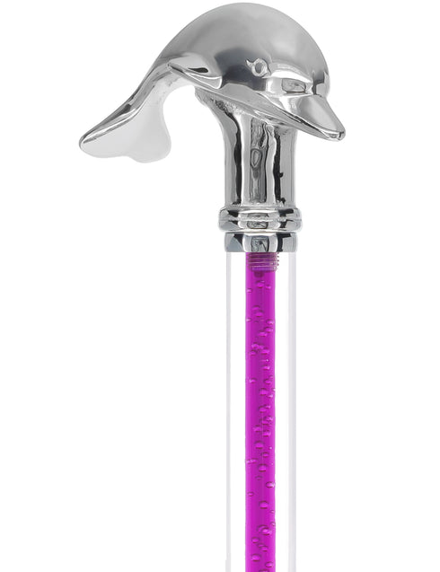 Color Crystal Elegance Chrome Dolphin Cane with Invisible Acrylic Shaft Options