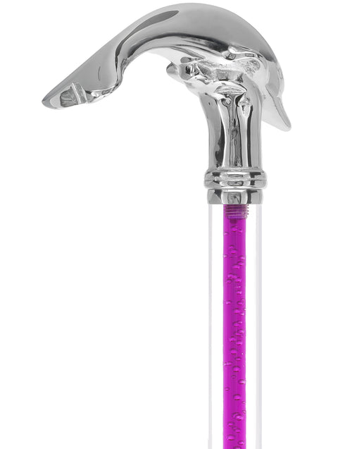 Color Crystal Elegance Chrome Dolphin Cane with Invisible Acrylic Shaft Options