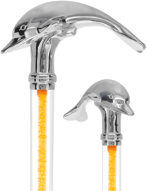 Color Crystal Elegance Chrome Dolphin Cane with Invisible Acrylic Shaft Options