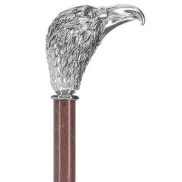 Silver 925r Hawk Head Walking Cane with Stained Beechwood Shaft and Collar