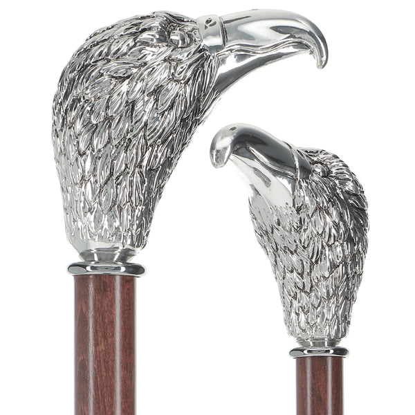Silver 925r Hawk Head Walking Cane with Stained Beechwood Shaft and Collar