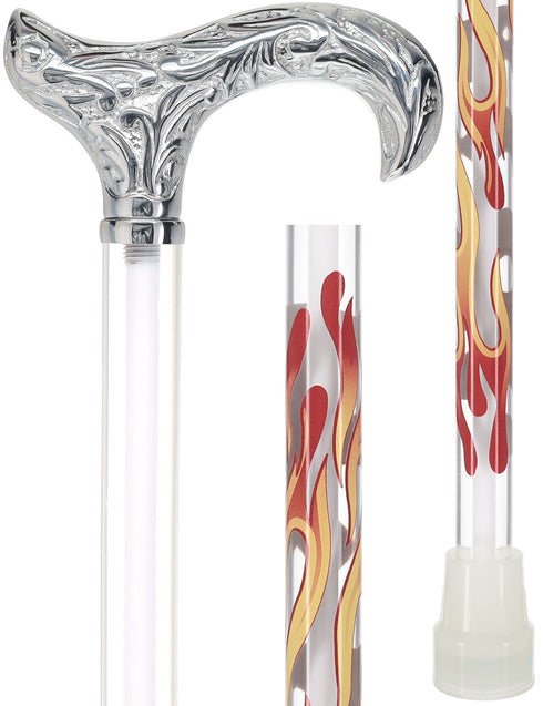 Flame Crystal Elegance Chrome Derby Cane with Invisible Acrylic Shaft Options