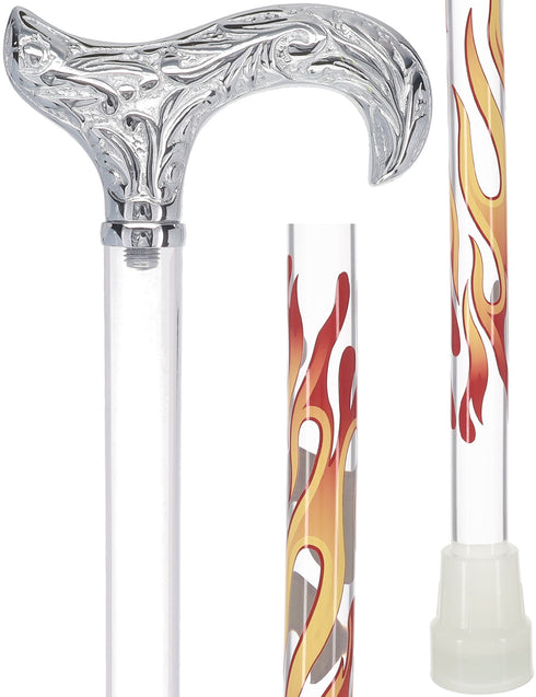 Flame Crystal Elegance Chrome Derby Cane with Invisible Acrylic Shaft Options