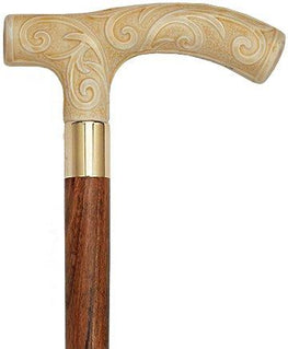 Comoys Carved Faux Ivory Scroll Fritz Handled Cane - Italian Handle w/ Custom Shaft and Collar