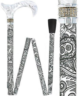 Royal Canes White Pearlz w/ Rhinestone Collar and Black Swirl Designer Adjustable Folding Cane