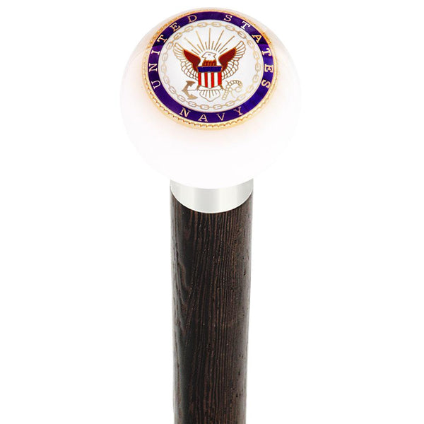 Royal Canes U.S. Navy White Round Knob Cane w/ Custom Wood Shaft & Collar