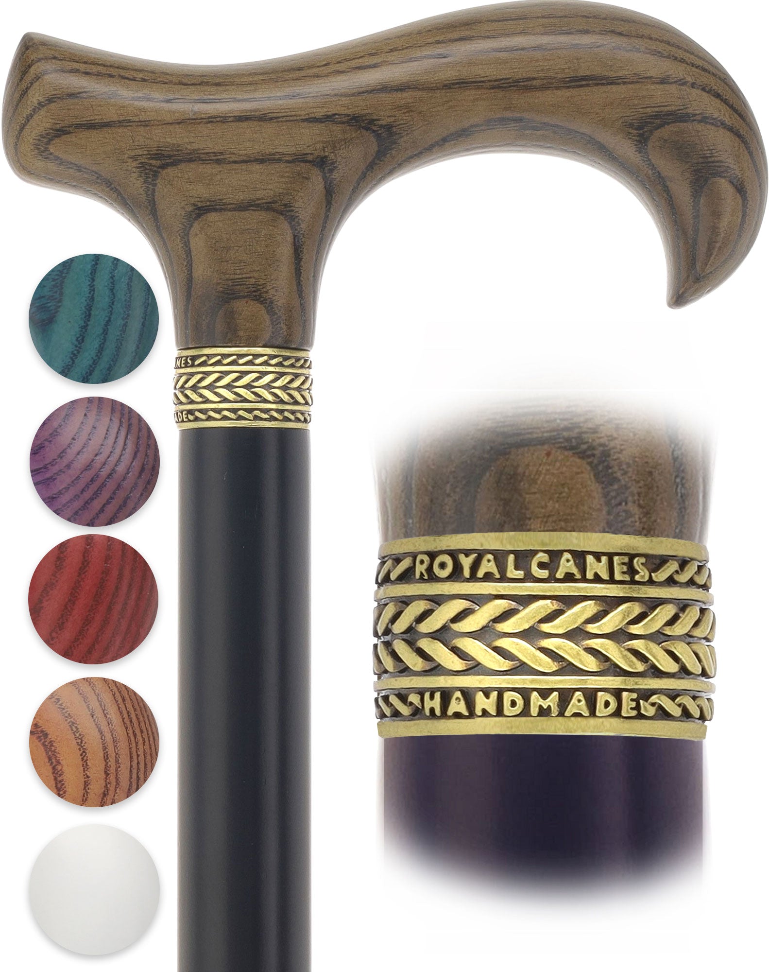 Royal Canes Standard Size Classic Derby: Wood-Stained, Pewter Collar, 6 Color Options