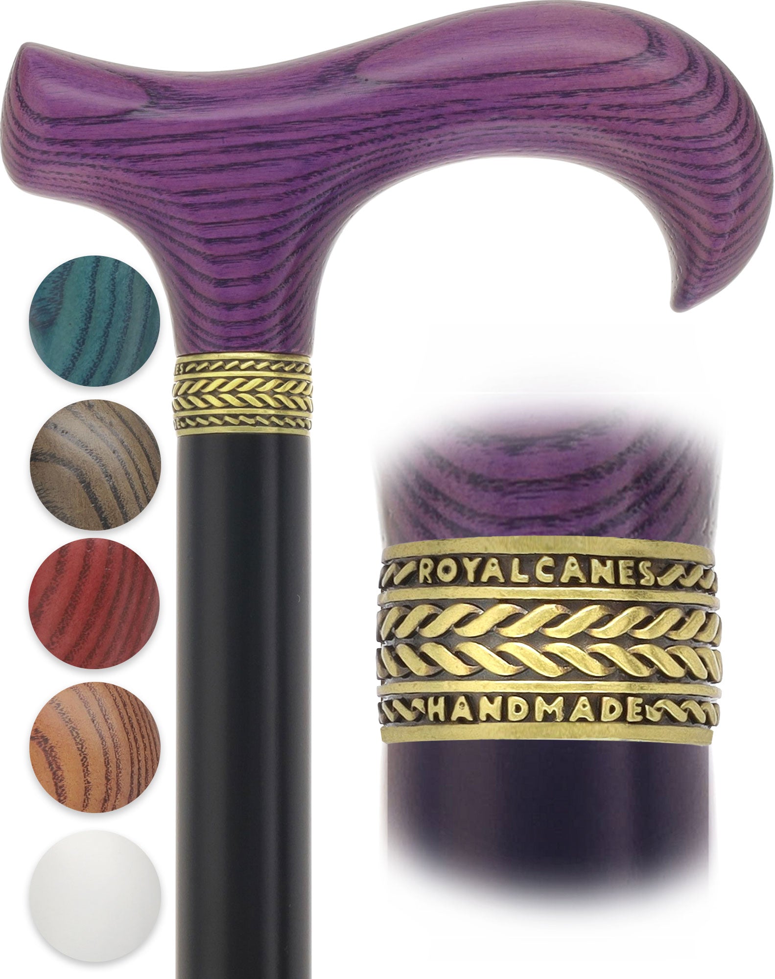 Royal Canes Standard Size Classic Derby: Wood-Stained, Pewter Collar, 6 Color Options