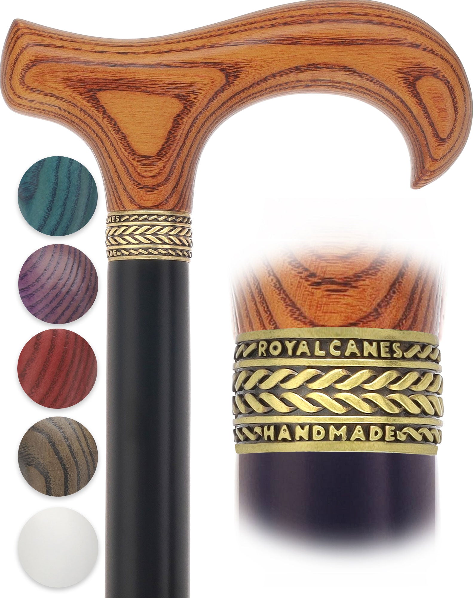 Royal Canes Standard Size Classic Derby: Wood-Stained, Pewter Collar, 6 Color Options