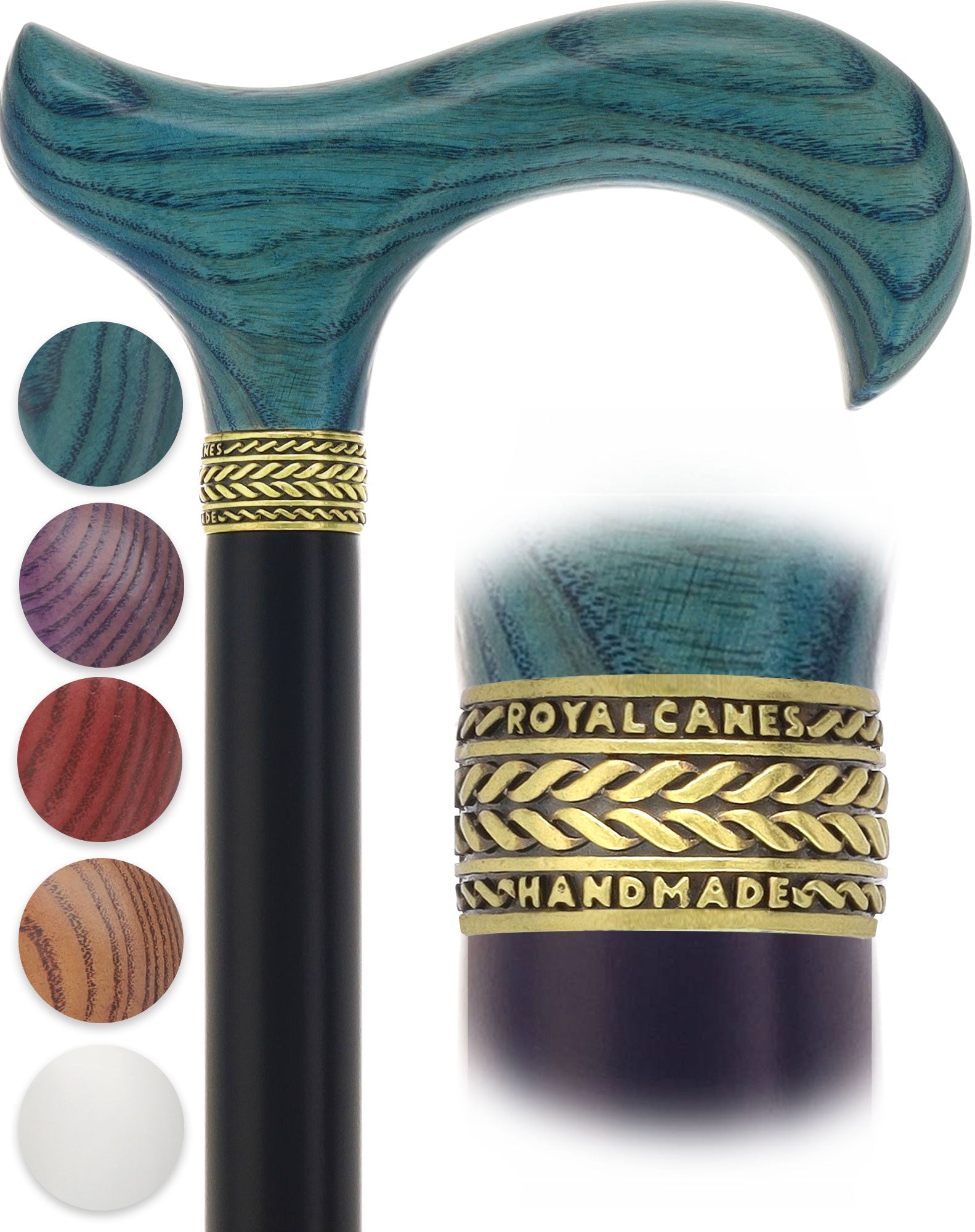 Royal Canes Standard Size Classic Derby: Wood-Stained, Pewter Collar, 6 Color Options