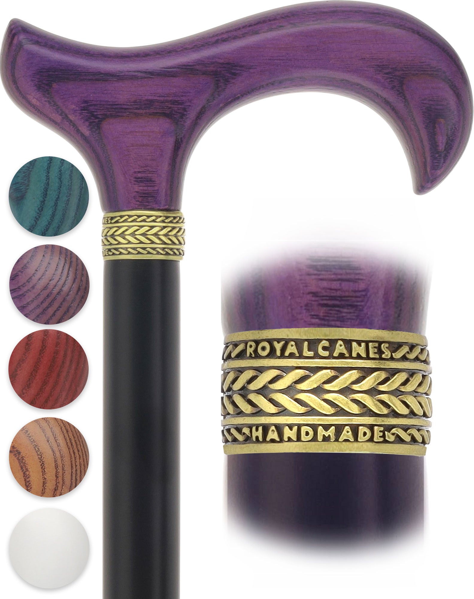 Royal Canes Standard Size Classic Derby: Wood-Stained, Pewter Collar, 6 Color Options