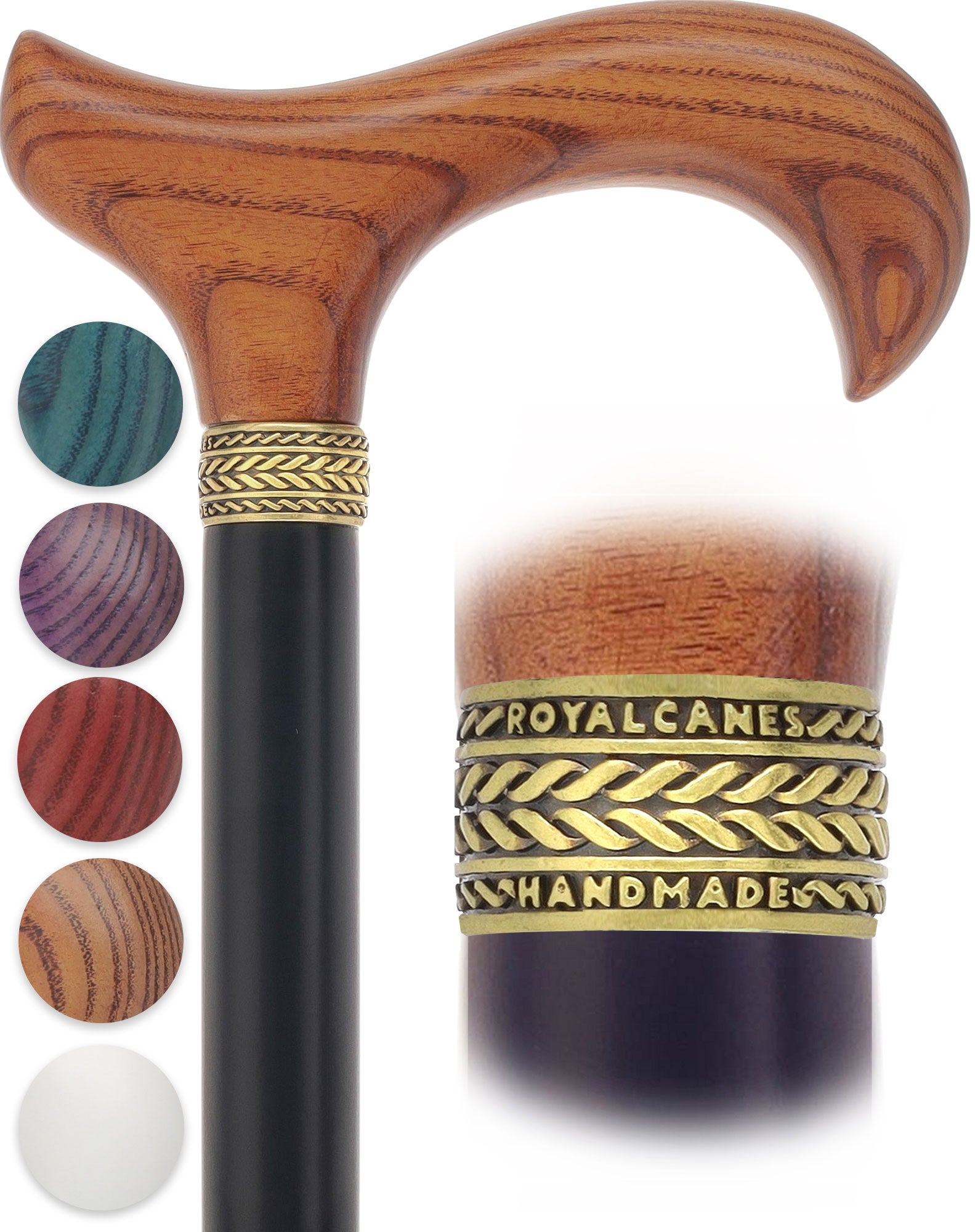 Royal Canes Standard Size Classic Derby: Wood-Stained, Pewter Collar, 6 Color Options