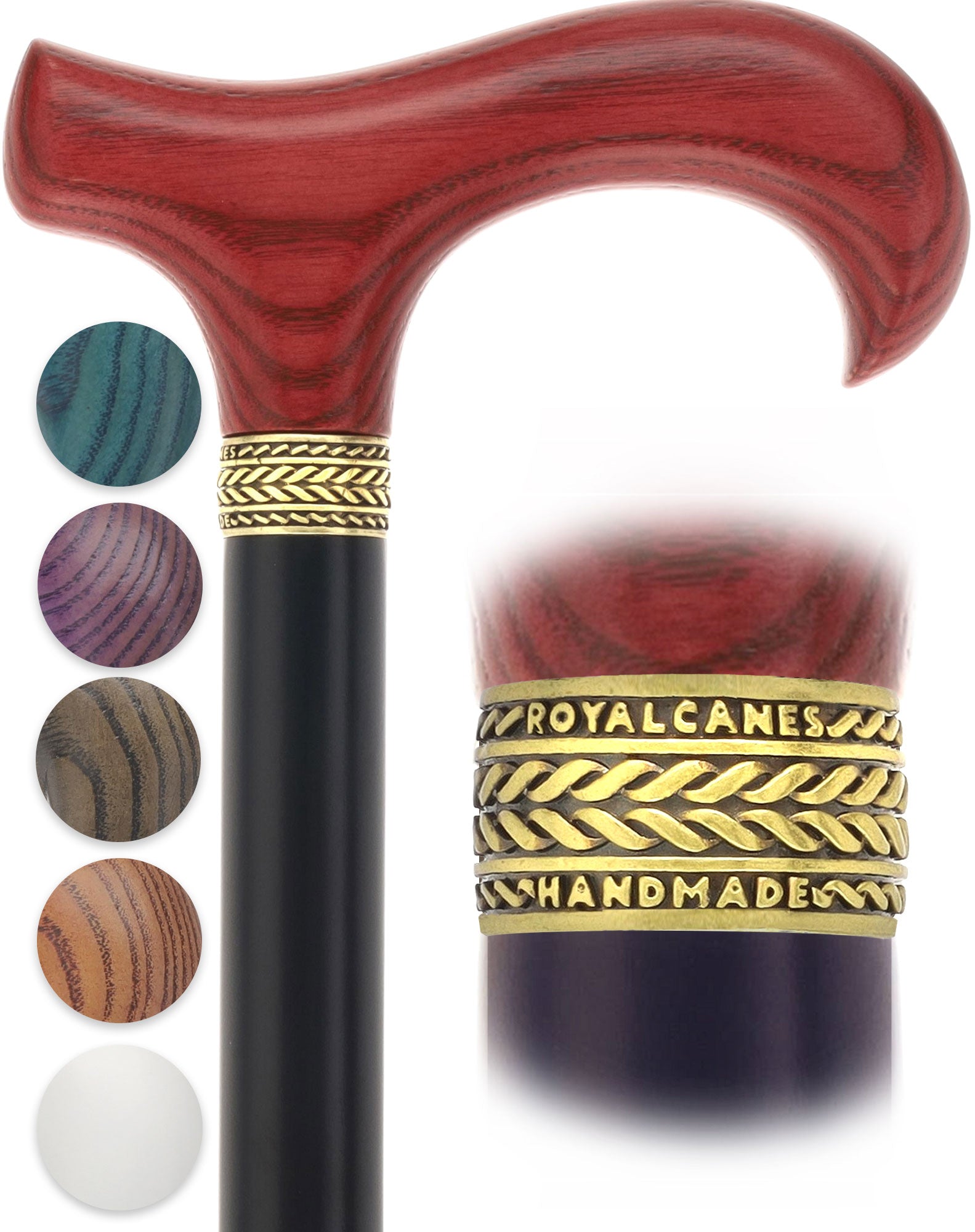 Royal Canes Standard Size Classic Derby: Wood-Stained, Pewter Collar, 6 Color Options