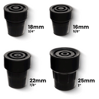 Black steel inserted rubber cane tips in 16mm, 18mm, 22mm, and 25mm sizes