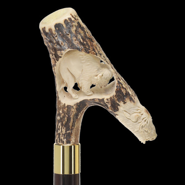 Carved Bison Antler Buffalo Bone: Collector Cane - Limited Supply