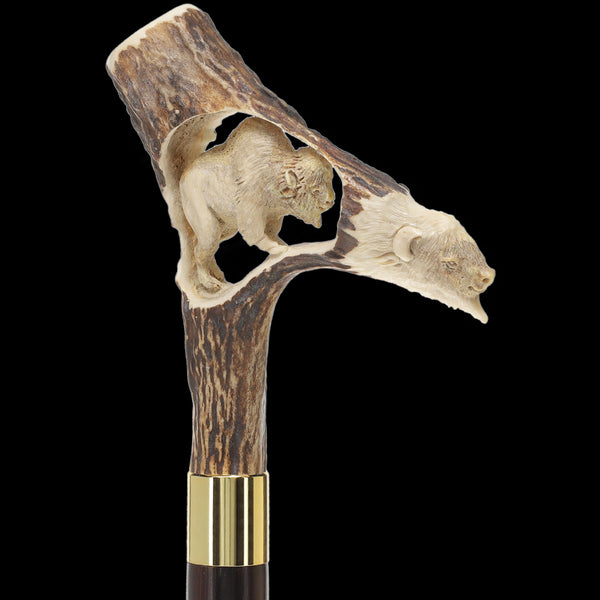 Carved Bison Antler Buffalo Bone: Collector Cane - Limited Supply