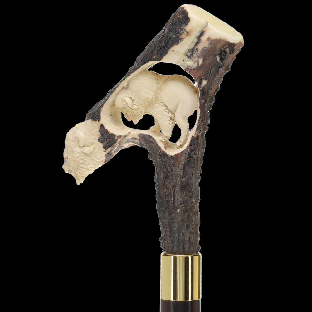 Carved Bison Antler Buffalo Bone: Collector Cane - Limited Supply