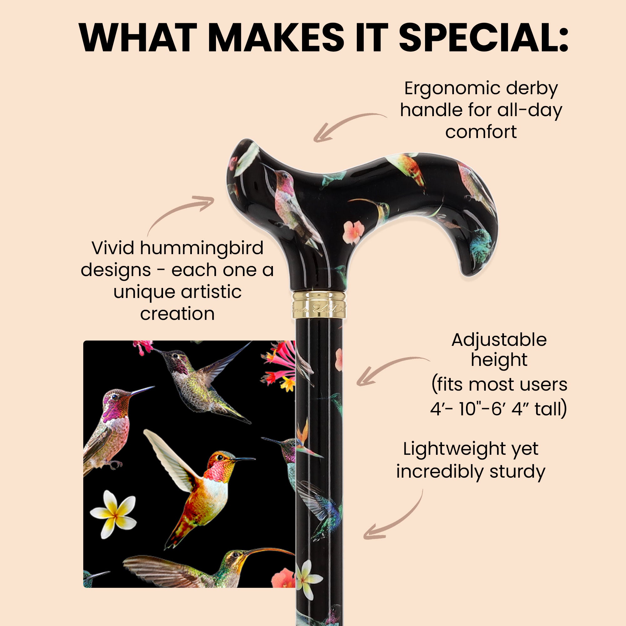 HD Pattern Designer Cane - Matching Handle & Shaft - Durable Adjustable Aluminum