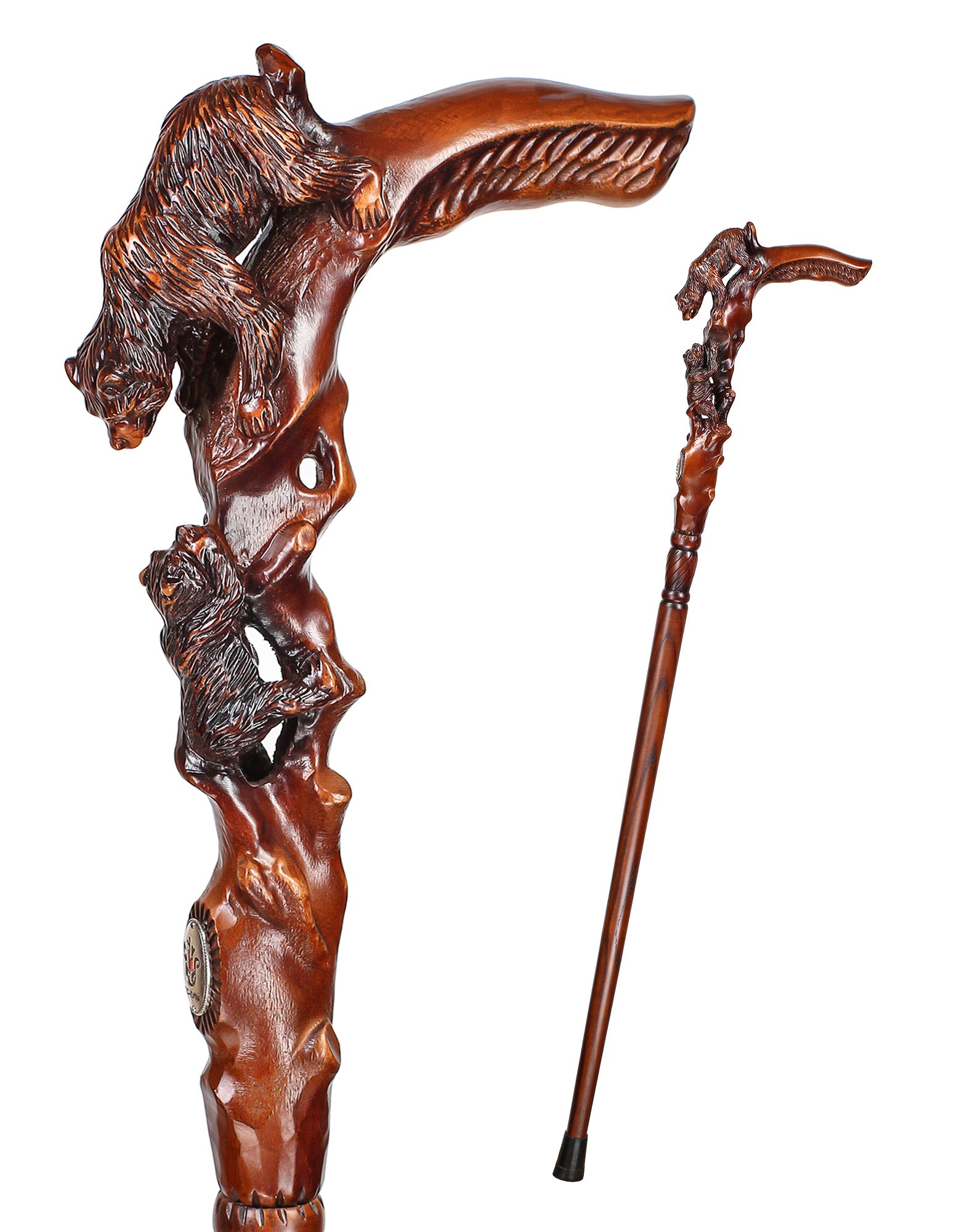 Mama Bear with Baby Bear: Artisan Intricate Hand-Carved Cane