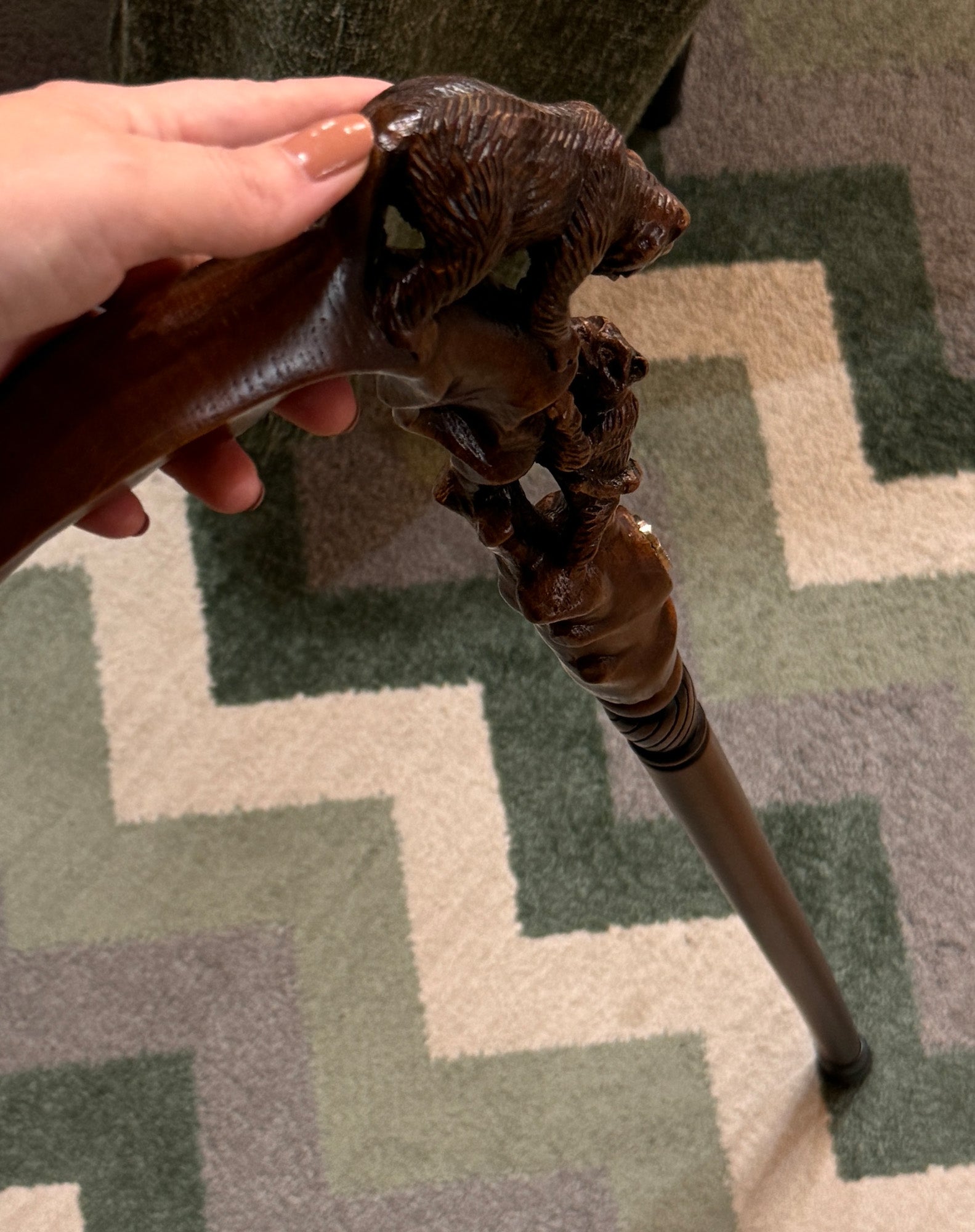 Mama Bear with Baby Bear: Artisan Intricate Hand-Carved Cane