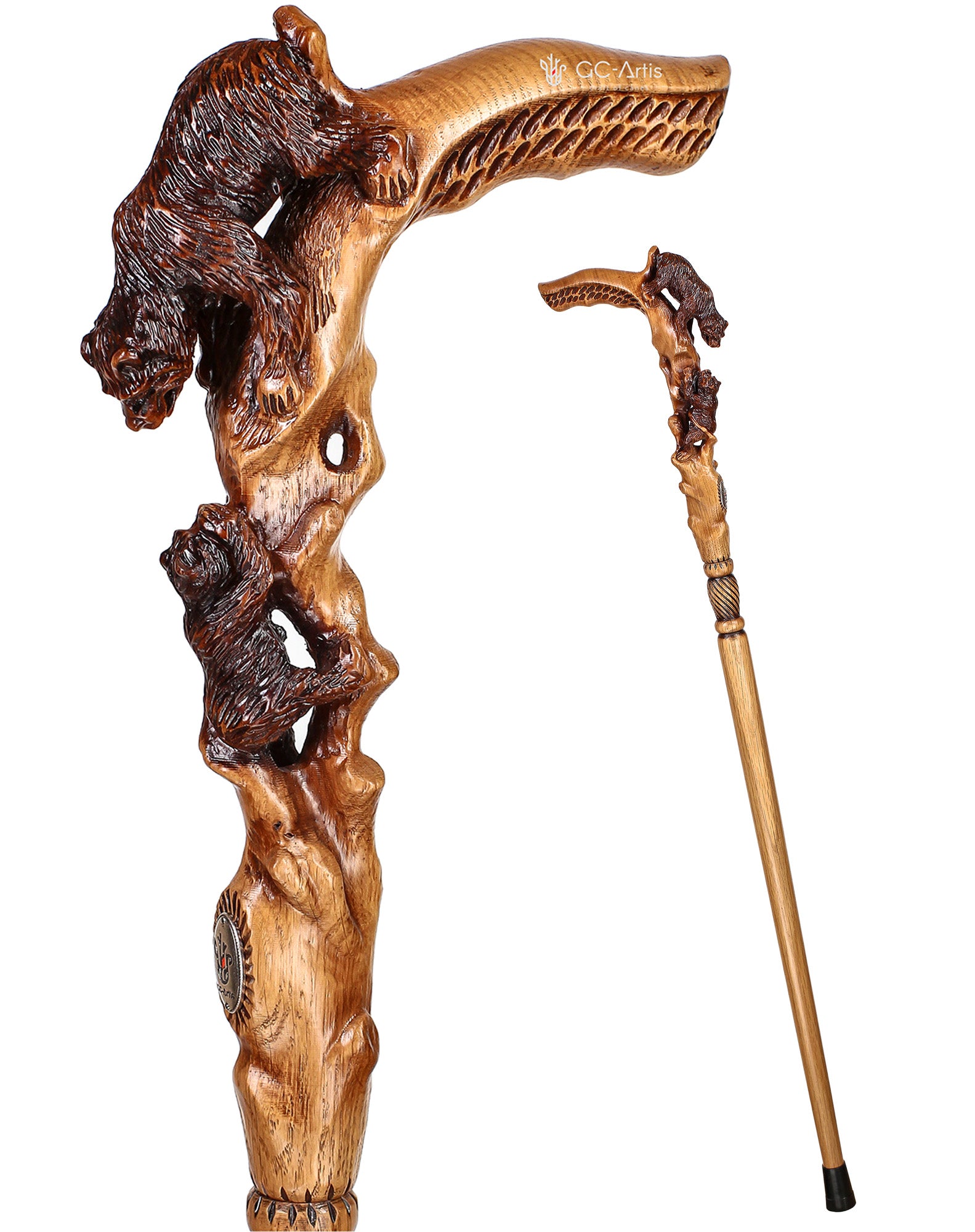 Mama Bear with Baby Bear: Artisan Intricate Hand-Carved Cane