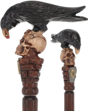Intricate Handcarved Black Crow & Skull Artisan Cane - Unique