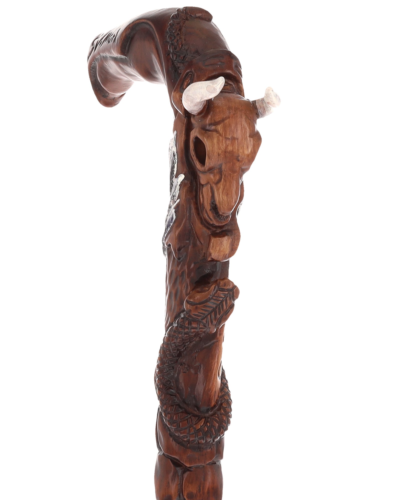 Buffalo Skull Snake: Artisan Intricate Handcarved Wood Cane