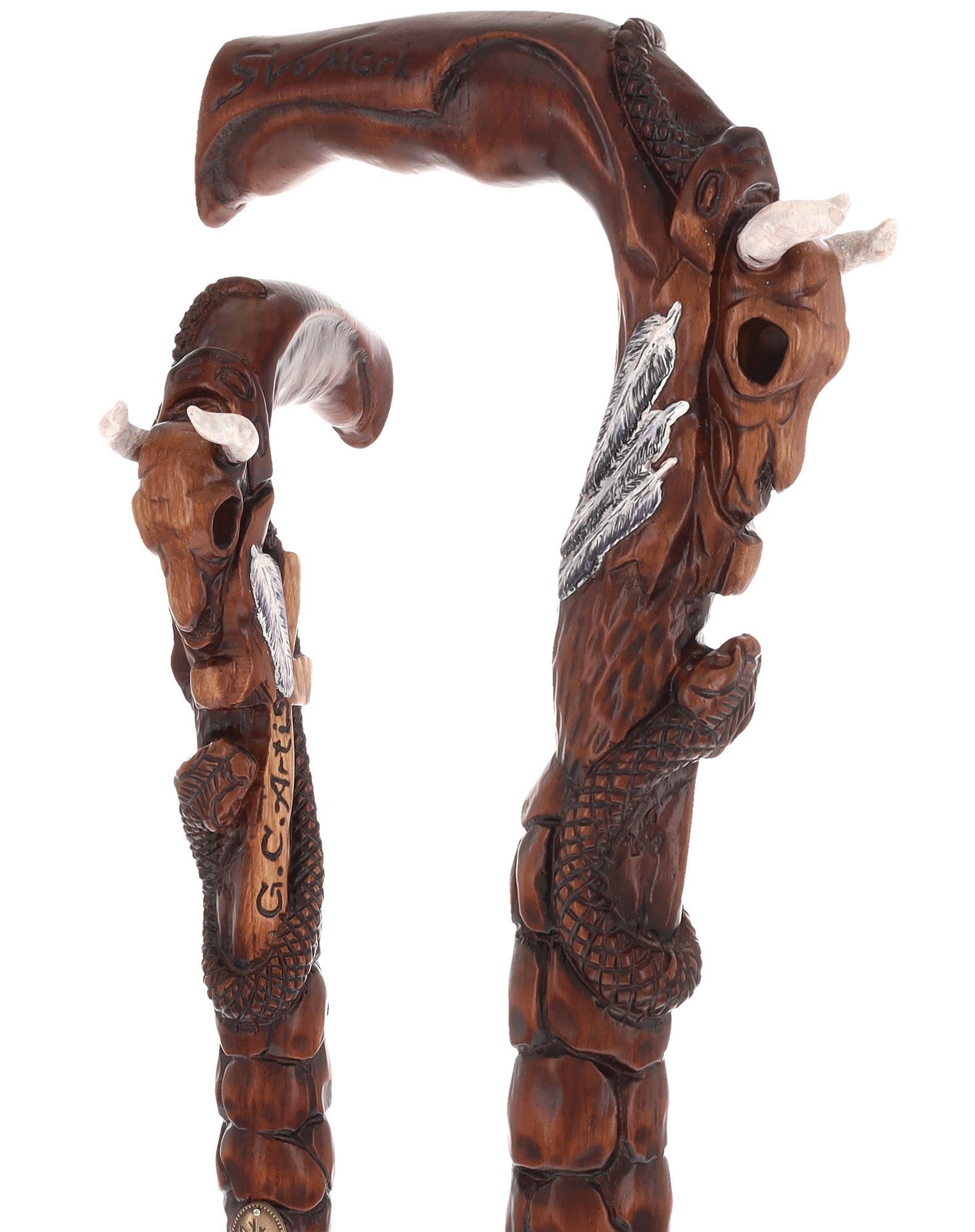 Buffalo Skull Snake: Artisan Intricate Handcarved Wood Cane