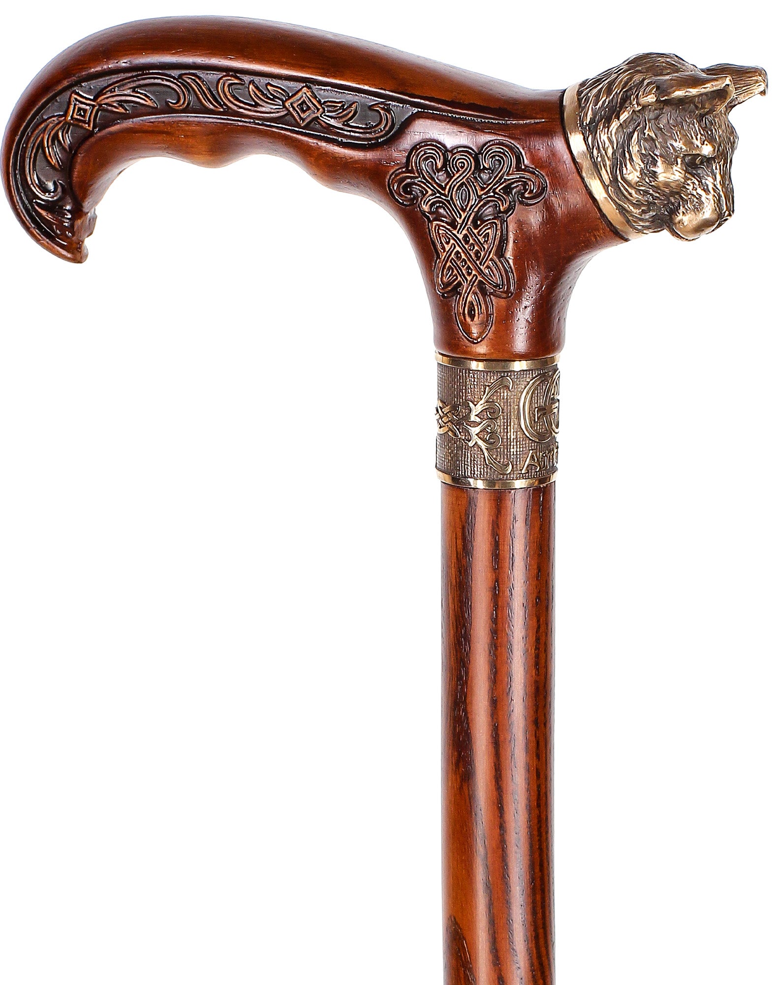 Mystical Cat with Bronze Head: Handcarved Cane with Collar
