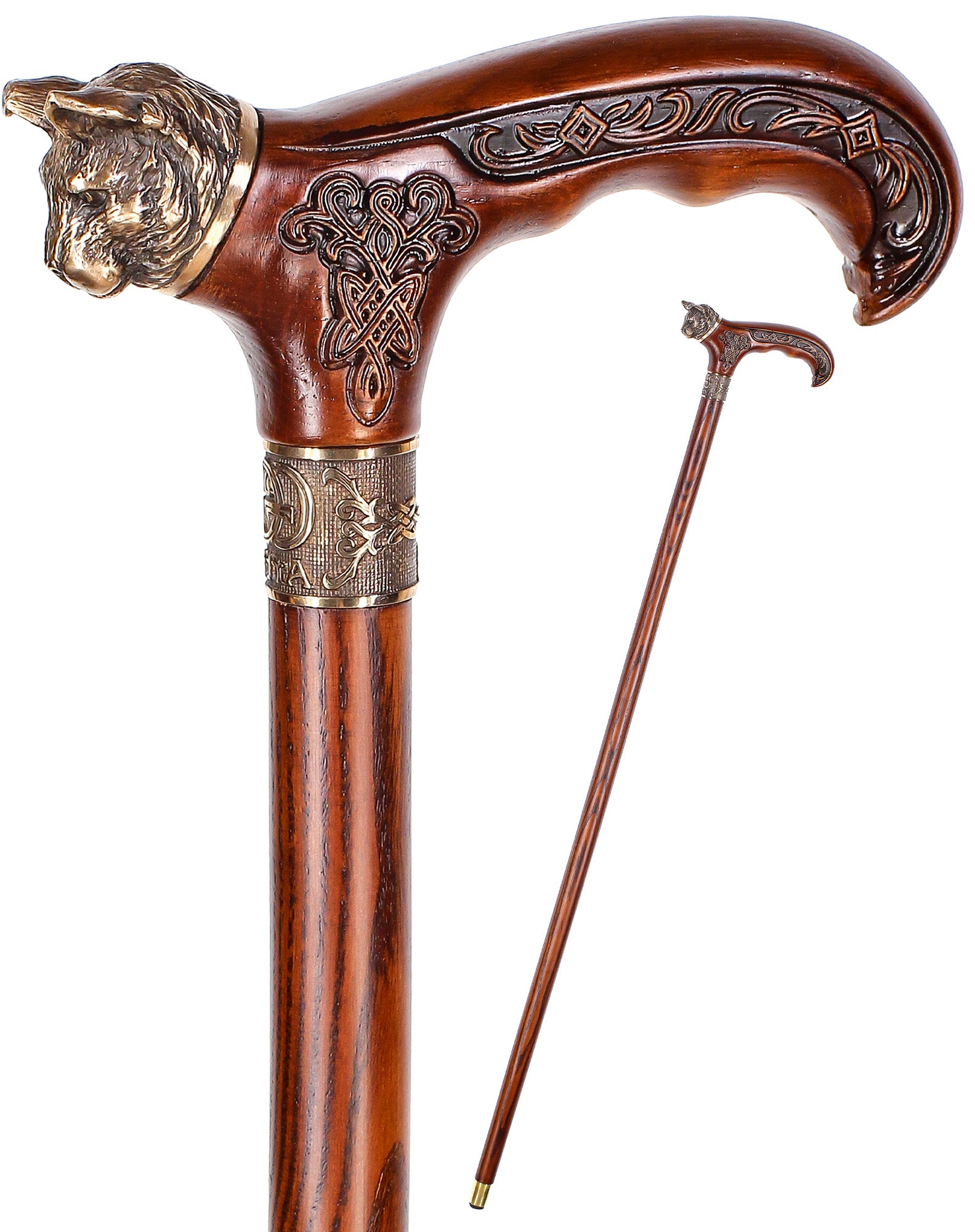 Mystical Cat with Bronze Head: Handcarved Cane with Collar