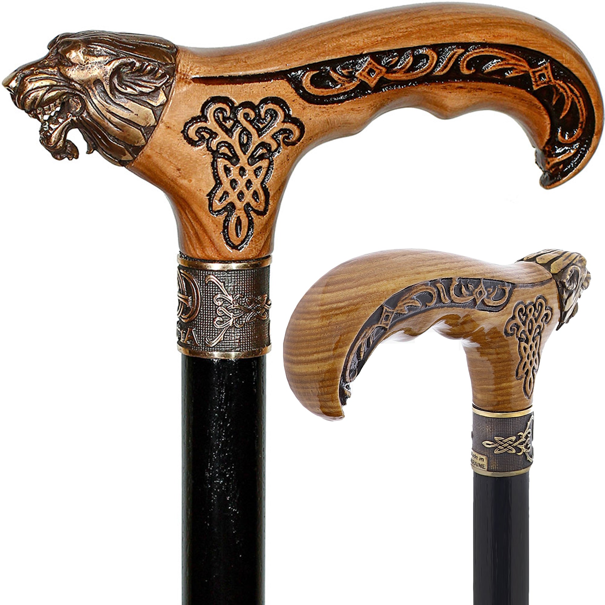 Bronze Direwolf Handcarved Celtic Art Derby Walking Cane