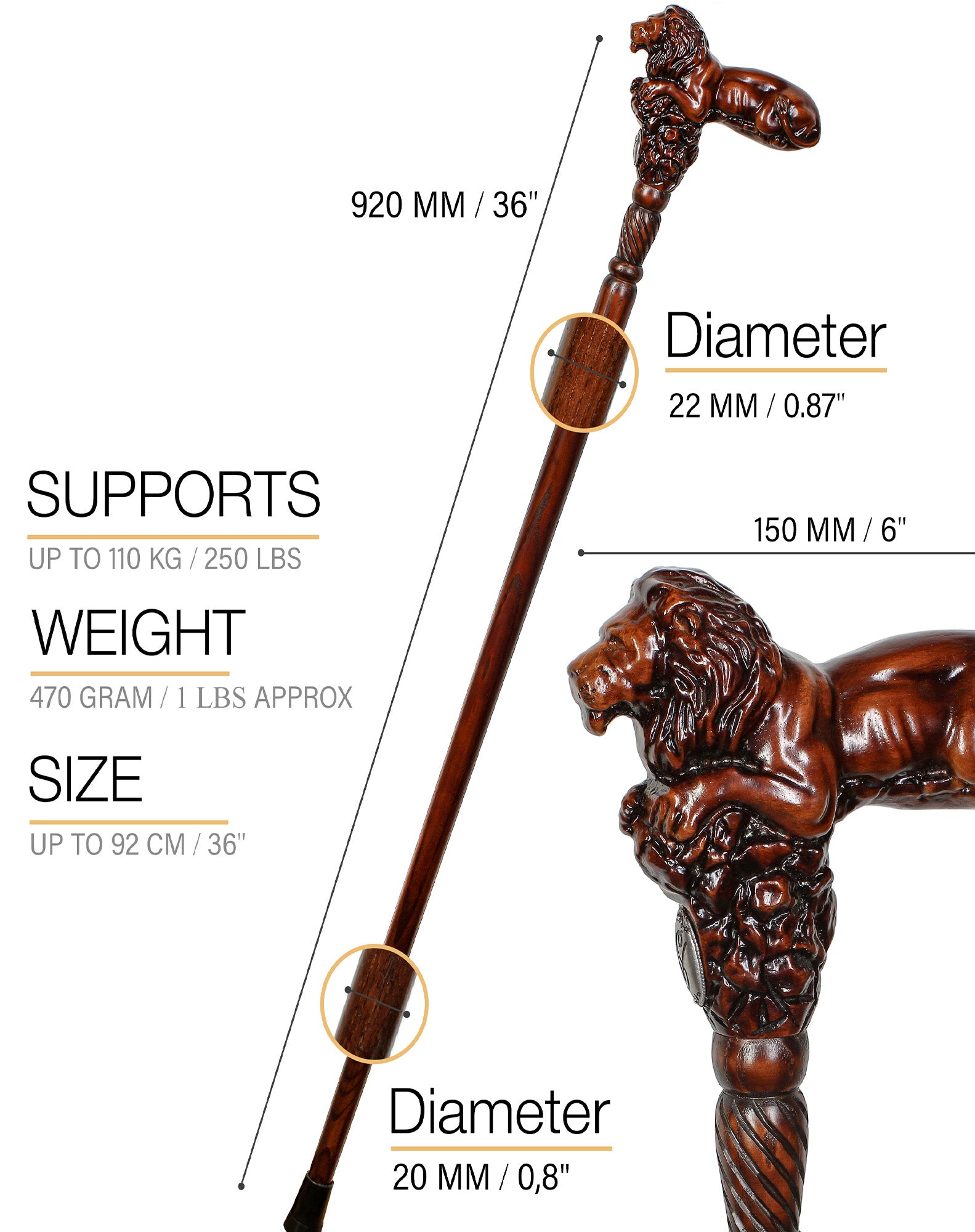Lion King: Artisan Intricate Handcarved Oak Cane (Right Hand)