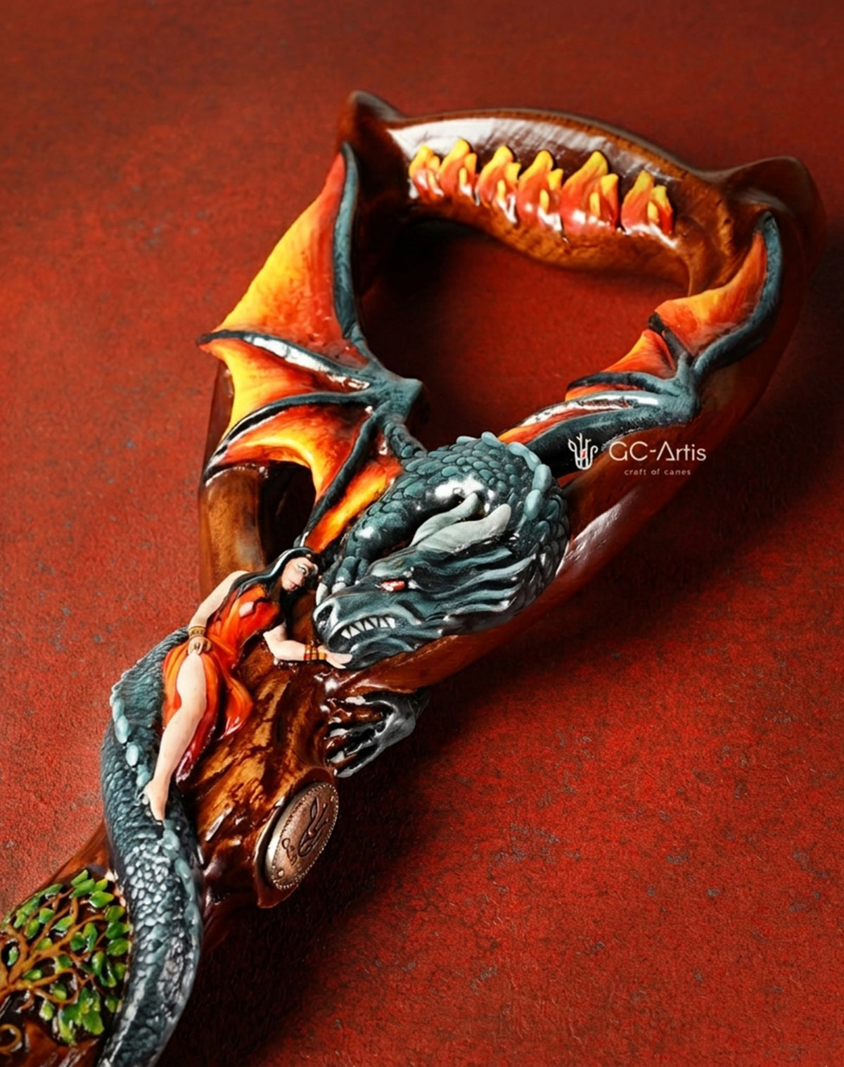 Guardian Dragon Black Hand-Painted Dark Wood: Artisan Intricate Hand-Carved Cane