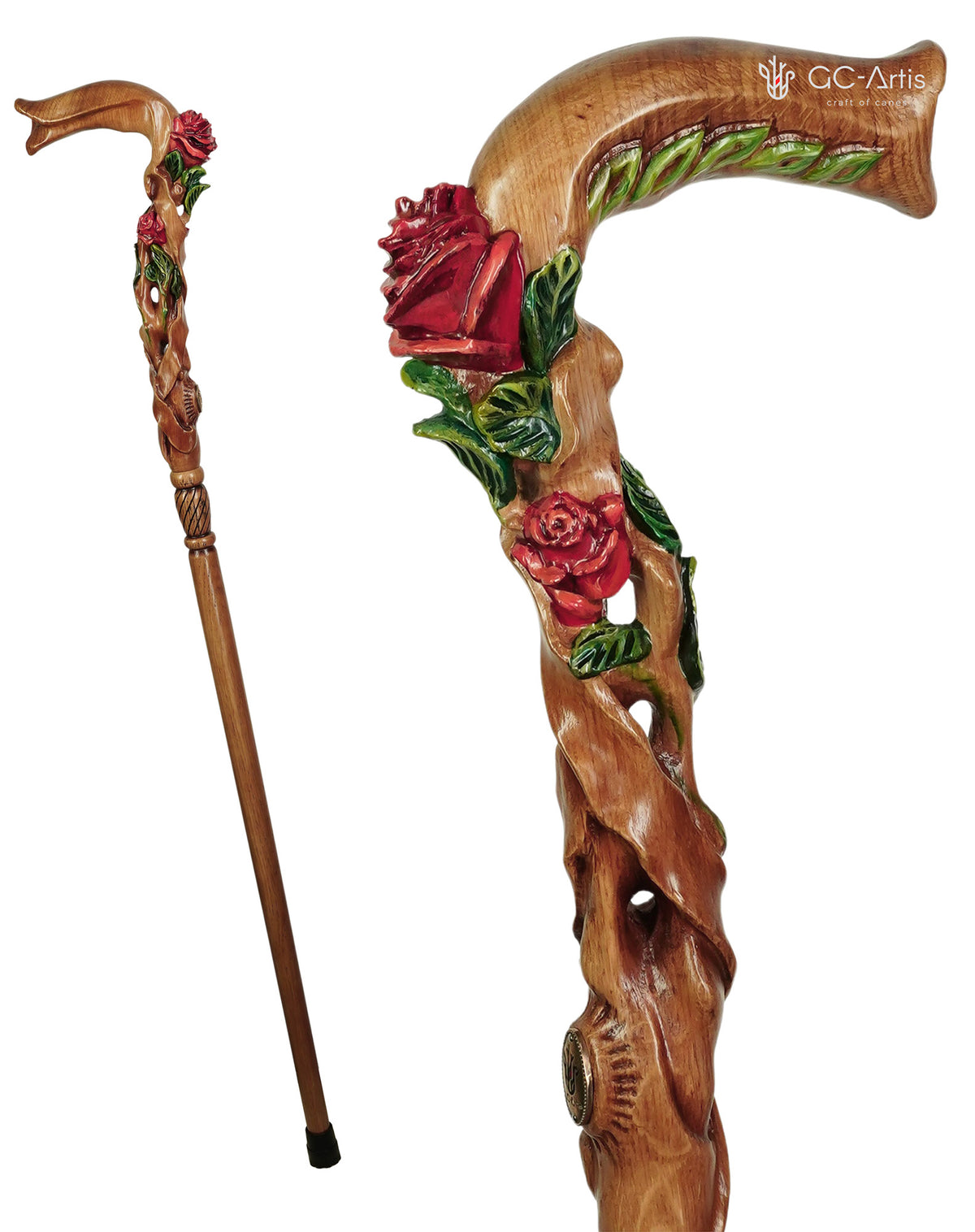 Master-Carved Rose Handpainted Light Wood Walking Cane | Elegant Floral Art