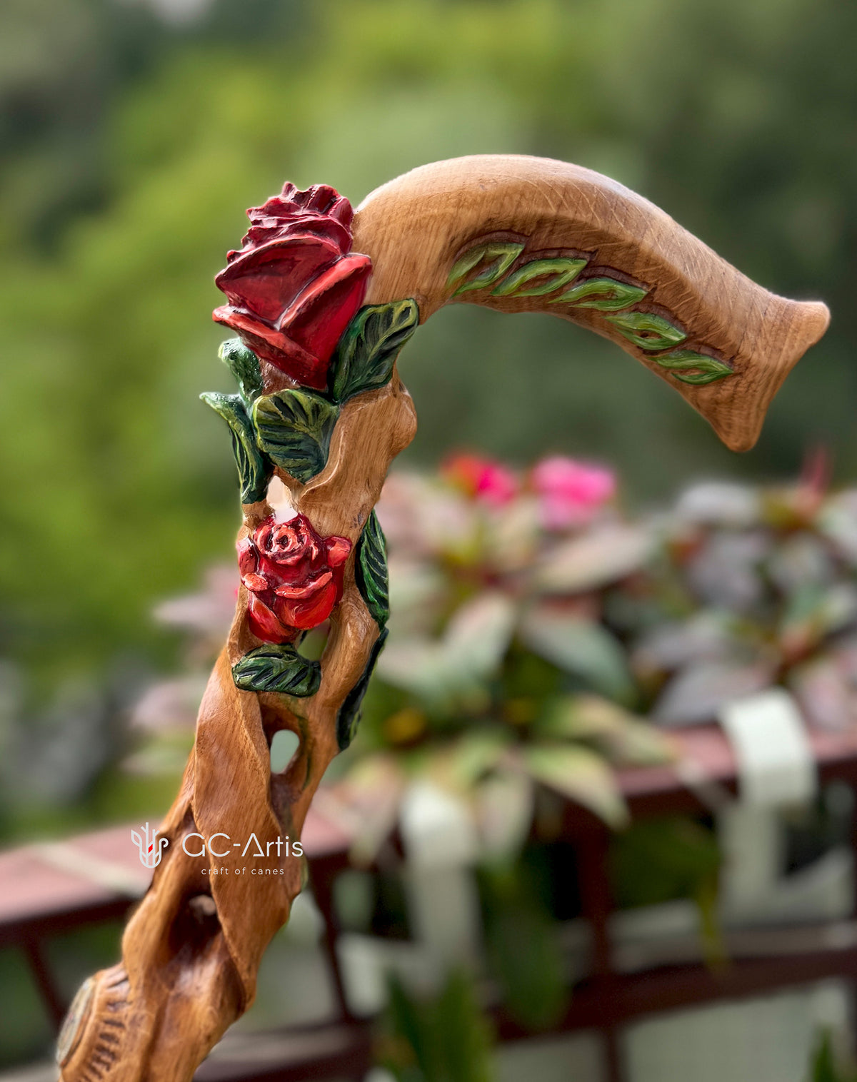 Master-Carved Rose Handpainted Light Wood Walking Cane | Elegant Floral Art