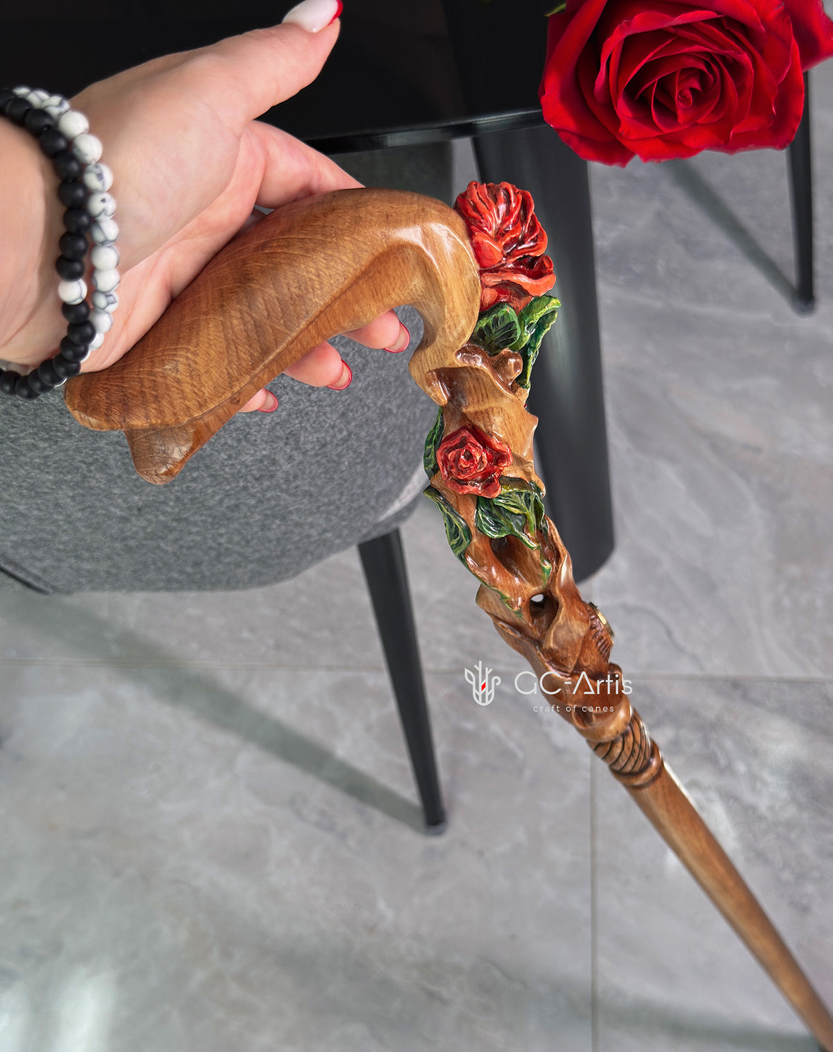 Master-Carved Rose Handpainted Light Wood Walking Cane | Elegant Floral Art