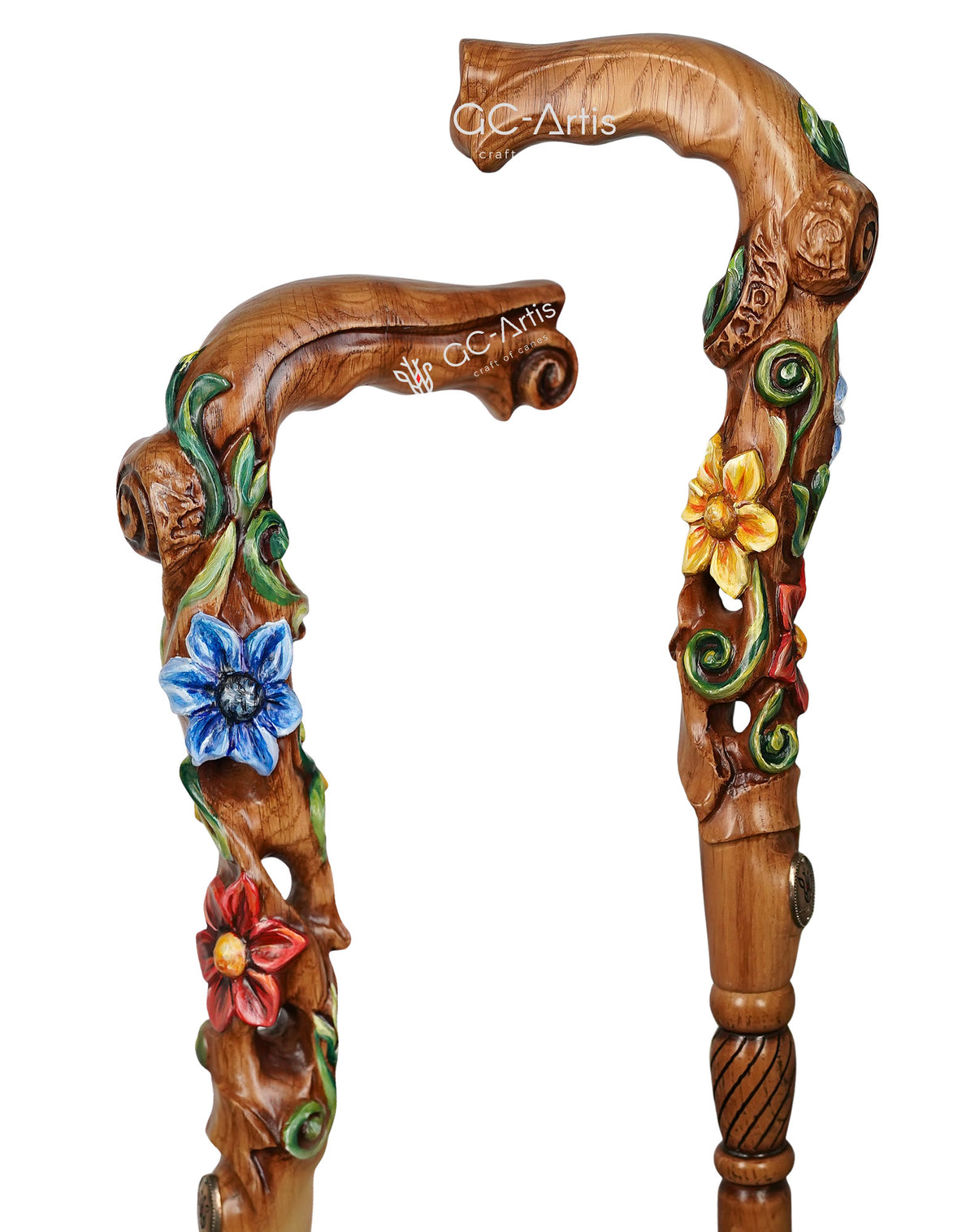 Master-Carved Flowered Walking Cane in Ligt Wood  | Elegant Floral Art