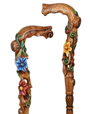 Master-Carved Flowered Walking Cane in Ligt Wood  | Elegant Floral Art